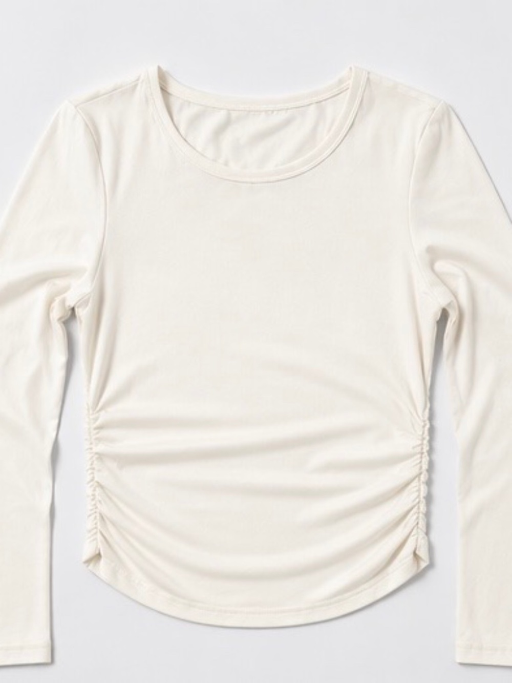 Off-White Long Sleeve Ruched Crop Top – Soft Stretchy Fit Size M